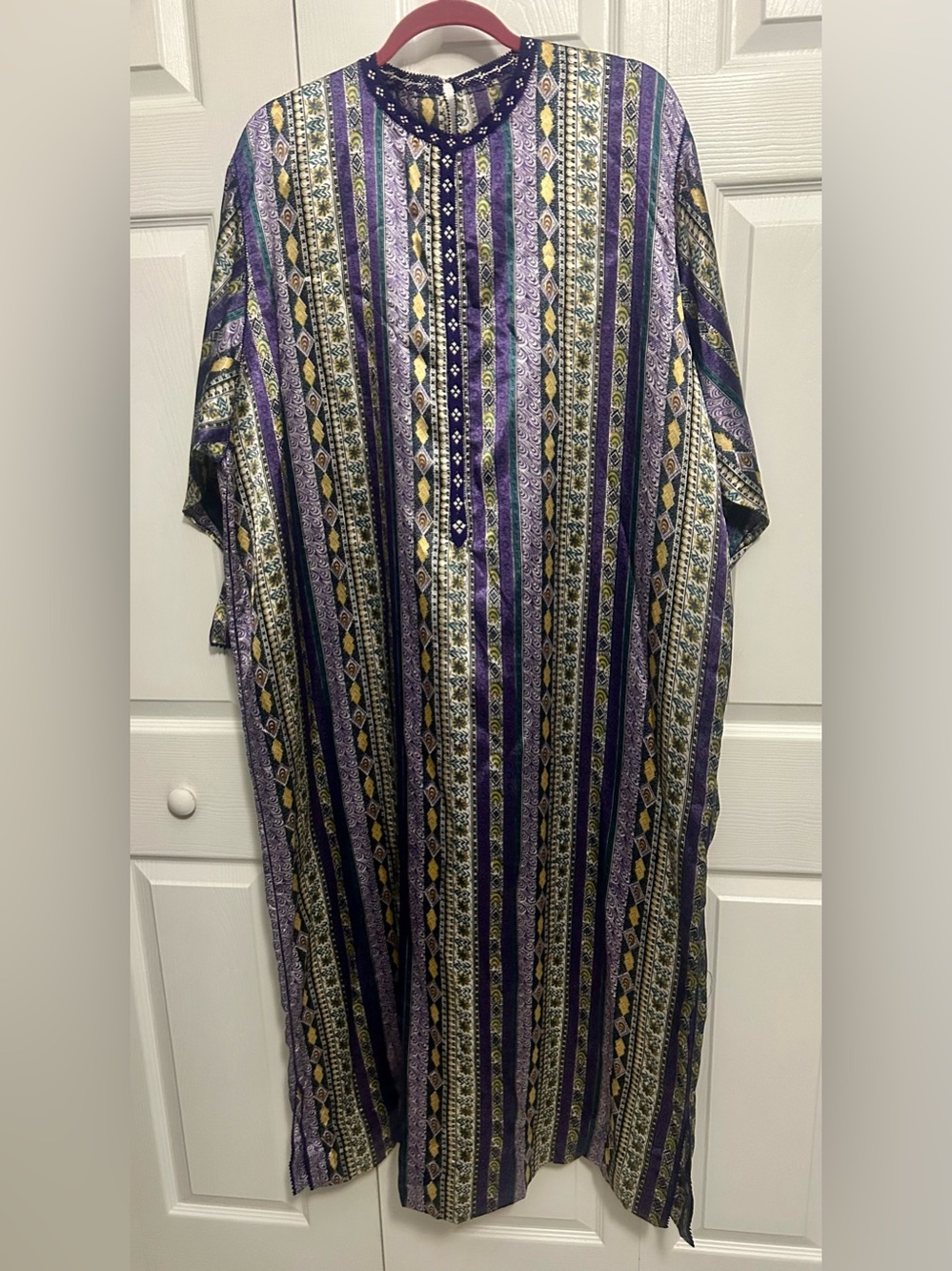 Source Unknown Purple, Gold & Black Striped Maxi Kaftan Dress Free Size